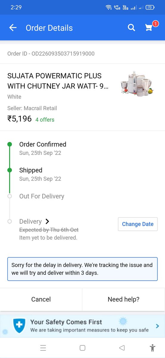farhan_srkian's tweet photo. Dear @flipkartsupport ... I have ordered a product on the starting of big billion days sale and my expected delivery date was showing on 6th of October but my order has not been delivered yet .
@Flipkart @_Kalyan_K please look into this matter (1/2) https://t.co/iYCXFTZ3Ls