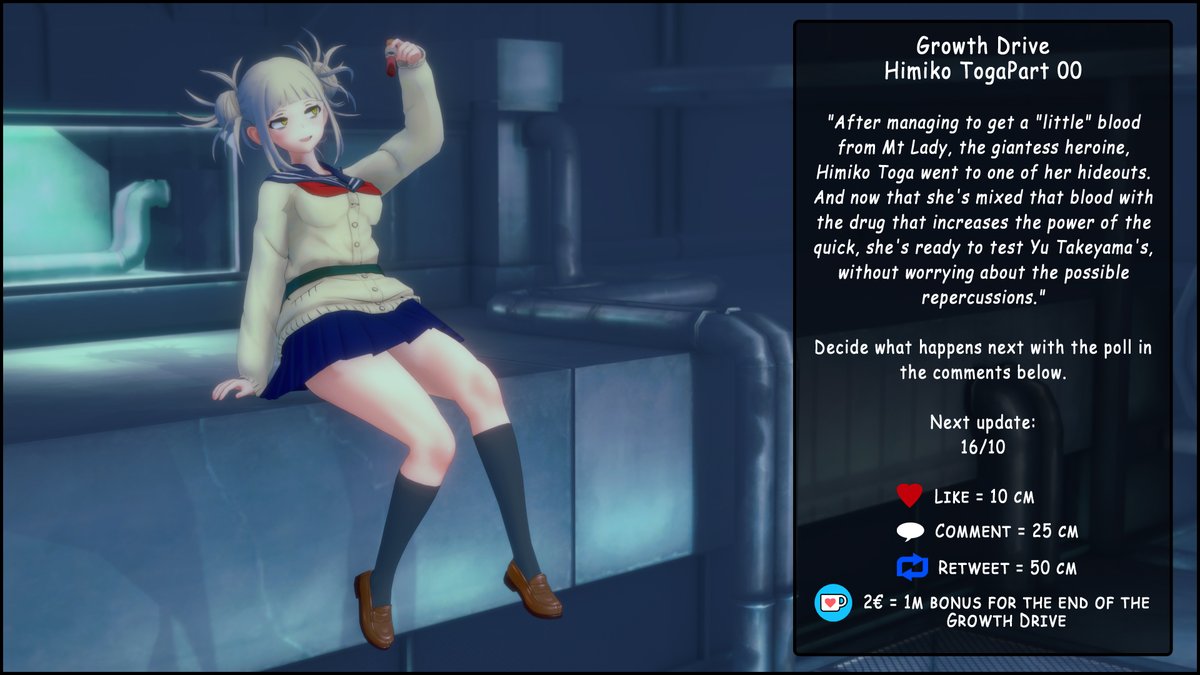 With a little delay, here is the Growth Drive of October.
Himiko Toga managed to get her hands on a new blood sample and she can't wait to test it.
My Ko-fi page: ko-fi.com/crazyredhair

#GrowthDrive #Himiko #MHA #Growth #Koikatsu #toga