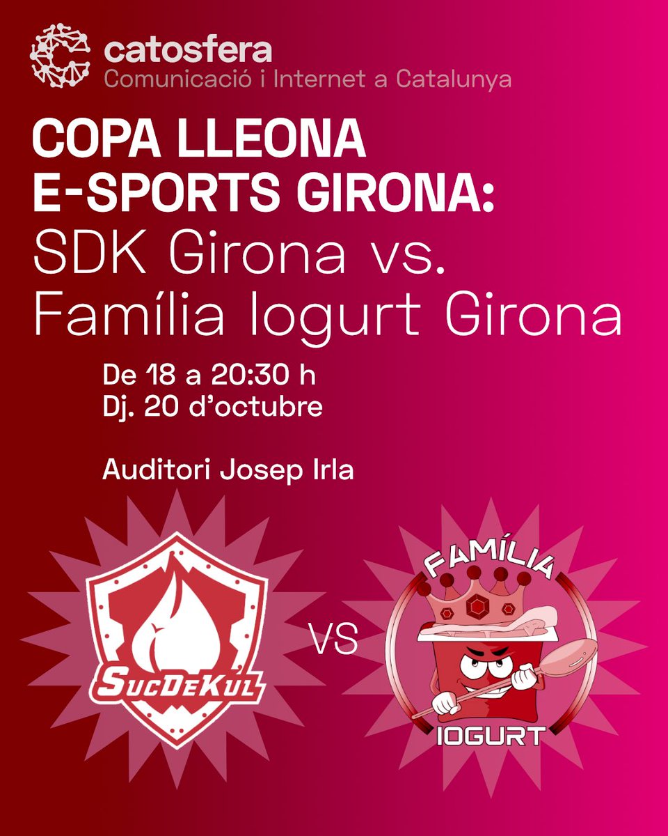 Competició d’e-sports Copa Lleona Girona 🏆
<a href="/SucDeKul/">SucDeKul</a> vs <a href="/FamiliaIogurt/">Família Iogurt</a>

10 ordinadors i una gran pantalla per seguir-ho en directe 💥

Inscripcions gratuïtes: entrapolis.com/entradas/copa-…