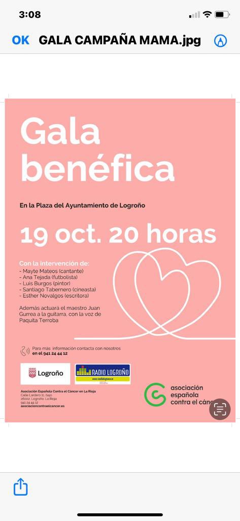 Mayte Mateos -Baccara hablará junto a otros personajes internacionales 
sobre el :
“ Cáncer de mamá”.
Gracias a la sociedad española contra el 
“ cáncer” en La Rioja