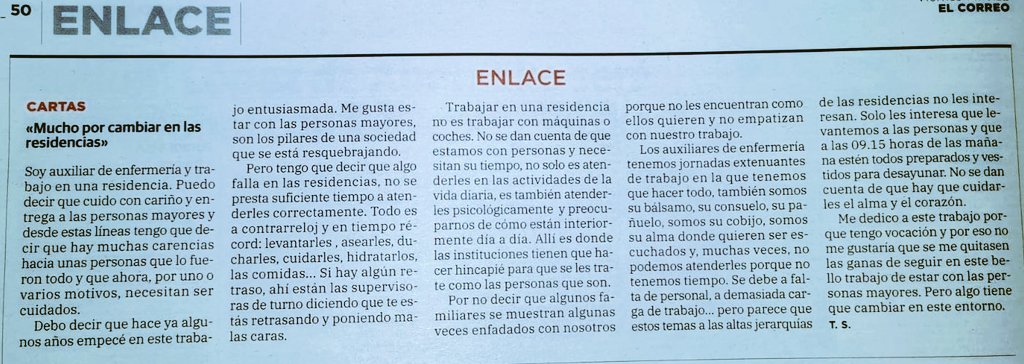 "Trabajar en una residencia no es trabajar con máquinas o coches. Ahí es donde las instituciones tienen que hacer hincapie para que se les trate como las personas que son. No podemos atenderles porque no tenemos tiempo. Se debe a falta de personal, a demasiada carga de trabajo"