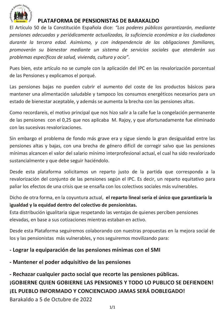 parkinglapaz's tweet photo. Comunicado por una pension Minima = SMI y por una equidad y justicia social, revalorización de las pensiones para 2023 de manera lineal @Yolanda_Diaz_ @barakaldodigita @ionebelarra @IreneMontero @MonederoJC @PSOE @CoespeOficial @joseluisescriva @sanchezcastejon https://t.co/Dulz7TgI3Z