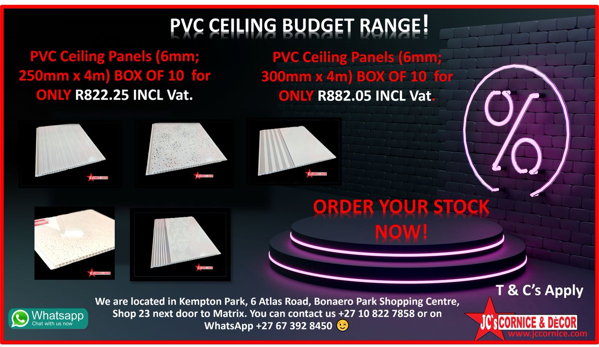 MstarProduct's tweet photo. WE NOW HAVE A BUDGET RANGE TO FIT YOUR POCKET! AVAILABLE IN A FULL RANGE OF PATTERNS! PVC Ceiling Panels (6mm; 250mm x 4m) BOX OF 10 for ONLY R822.25 INCL Vat.
OR  PVC Ceiling Panels (6mm; 300mm x 4m) BOX OF 10 for ONLY R882.05 INCL Vat
 contact us on WhatsApp +27 67 392 8450 😉 https://t.co/SU8w4IsVmU