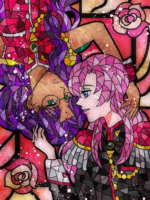 #世界私の絵柄変わりすぎだろ選手権 少し前はステンドグラス風にコマ割りして色塗りと加工したFAを描いてました現在はレトロポップなイラストを目指して描いております