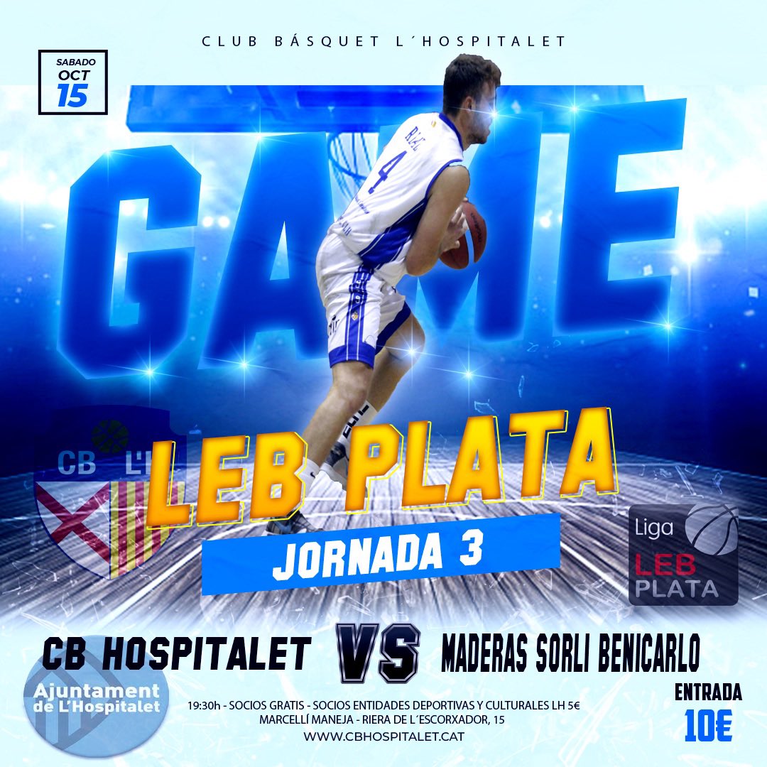 cbhospitalet's tweet photo. 🏀 𝟯𝗿𝗮 𝗝𝗼𝗿𝗻𝗮𝗱𝗮 #𝗟𝗲𝗯𝗣𝗹𝗮𝘁𝗮 

⏰ 19:30h 
🆚 Maderas Sorlí @CBBenicarlo 

🎟️ General 10€
🎟️ Entidades deportivas y culturales de #lh 5€ (Imprescindible mostrar el carnet de socio)
🎟️ Socios #cblh y @CELHospitalet Gratuita 

⚪️🔵 https://t.co/uAqWHEjwTM