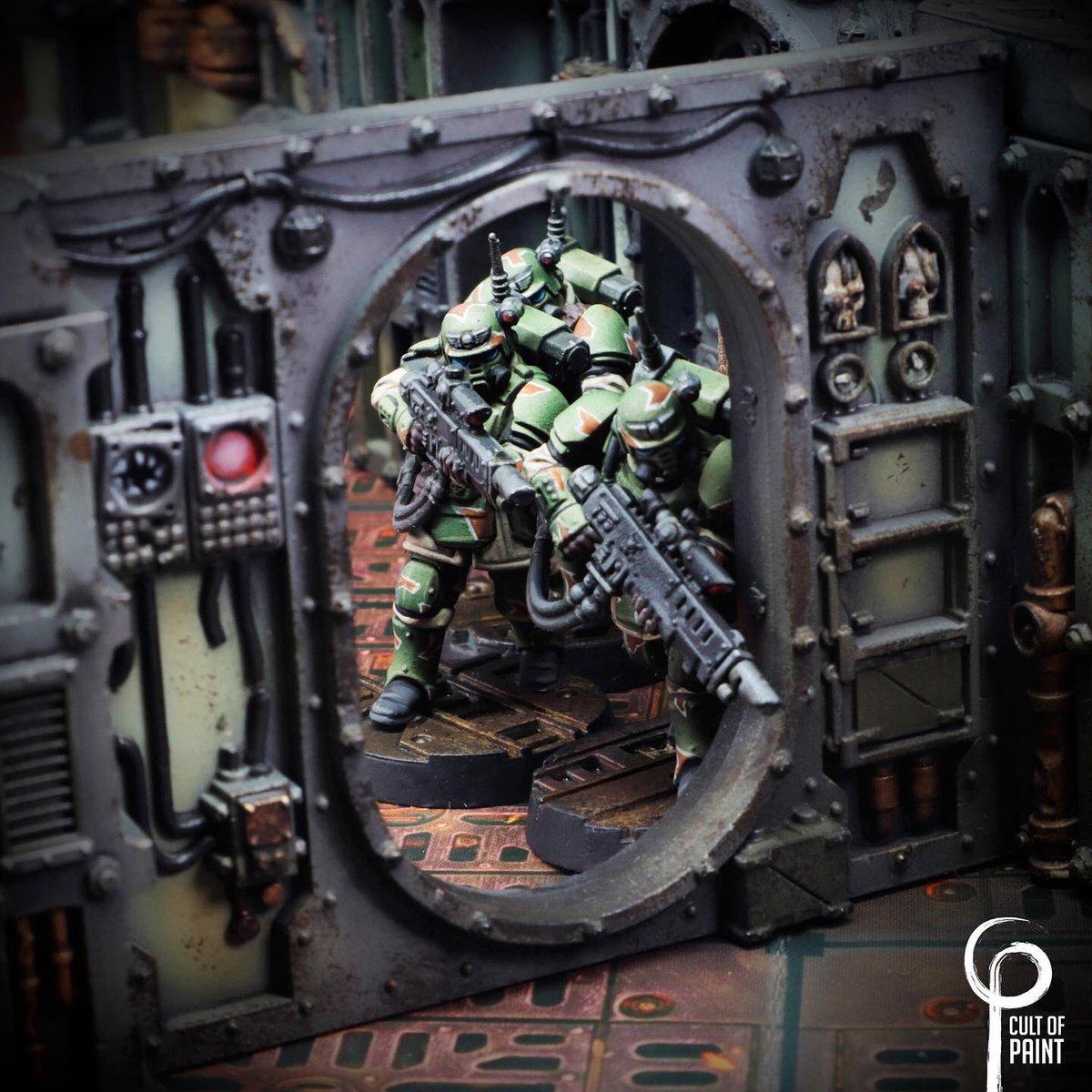 cultofpaint's tweet photo. And it’s INTO THE SHADOWVAULTS! Dun dun duuuuuuuuun. Once Ben had recovered from passing out upon seeing the new Kasrkin kit he got to painting them up. Free tutorial coming this week. #paintingwarhammer #killteam #ad #shadowvaults #40k #imperialguard #astramilitarum https://t.co/2Afu2GmMeR