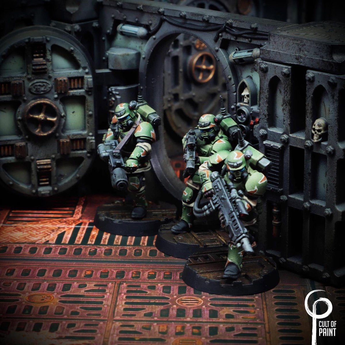cultofpaint's tweet photo. And it’s INTO THE SHADOWVAULTS! Dun dun duuuuuuuuun. Once Ben had recovered from passing out upon seeing the new Kasrkin kit he got to painting them up. Free tutorial coming this week. #paintingwarhammer #killteam #ad #shadowvaults #40k #imperialguard #astramilitarum https://t.co/2Afu2GmMeR
