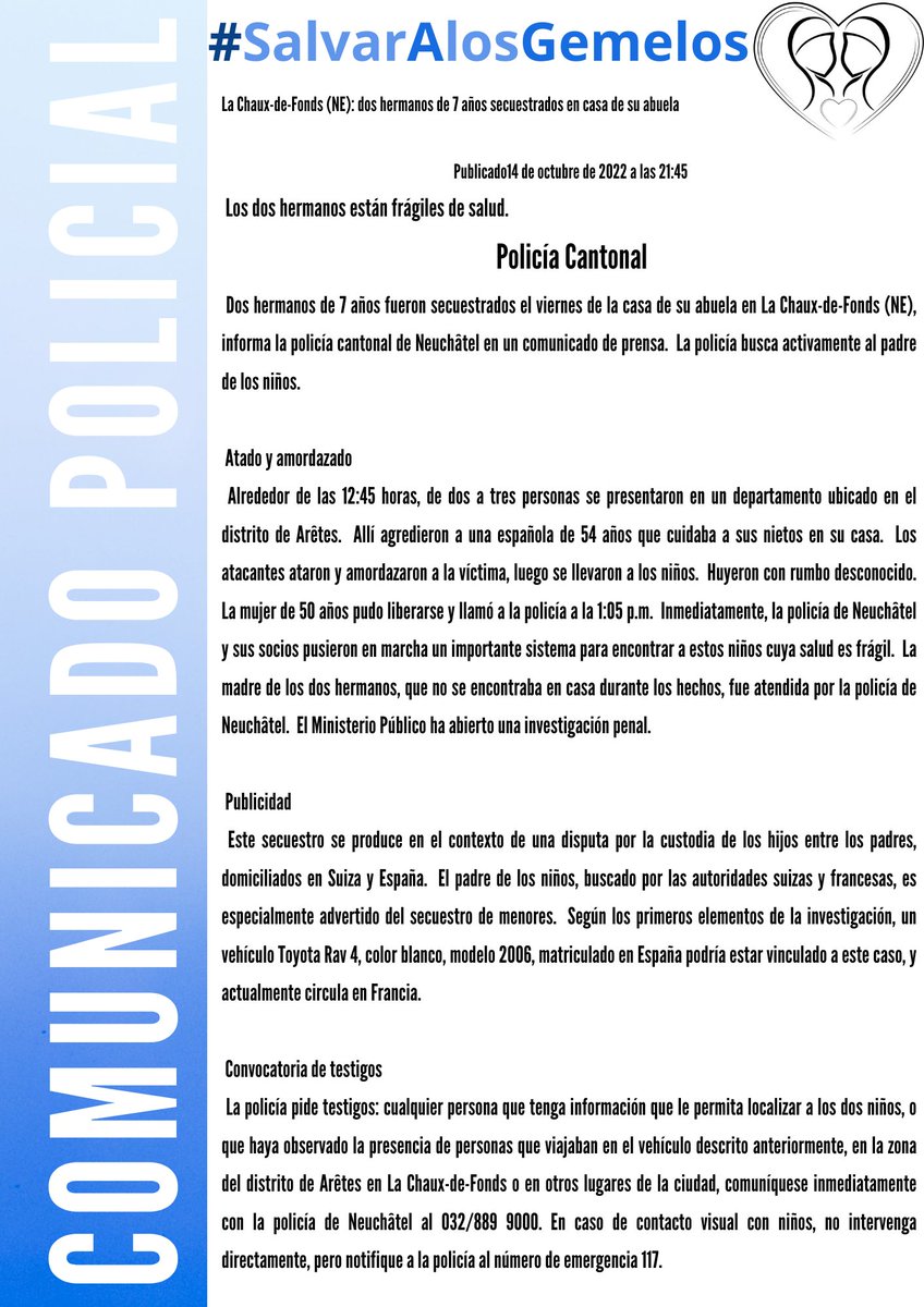 MadresProtect's tweet photo. Ayer, nos llegaba la terrible noticia de que los hijos de Verónica habían sido secuestrados. LA POLICÍA LES HA ENCONTRADO EN FRANCIA. El secuestrador el padre denunciado por ASI. La JUSTICIA ESPAÑOLA LE DIO IMPUNIDAD.
#SalvarAlosGemelos
#JusticiaComplice
#ViolenciaInstitucional https://t.co/Y5fvHgMeed
