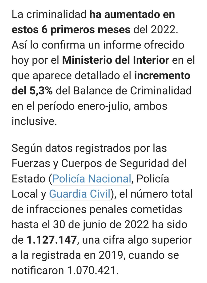 RafaPaniza's tweet photo. La Criminalidad ha incrementado un 5,3%. Hasta el 30 de Junio de 2022 un total de 1.127.147 infracciones penales ( 6 meses ),pero nos venden que hay menos gente en prisión.

Cada uno que saque sus conclusiones
#sosprisiones
#MitrabajoTuseguridad https://t.co/oA501qUlvF