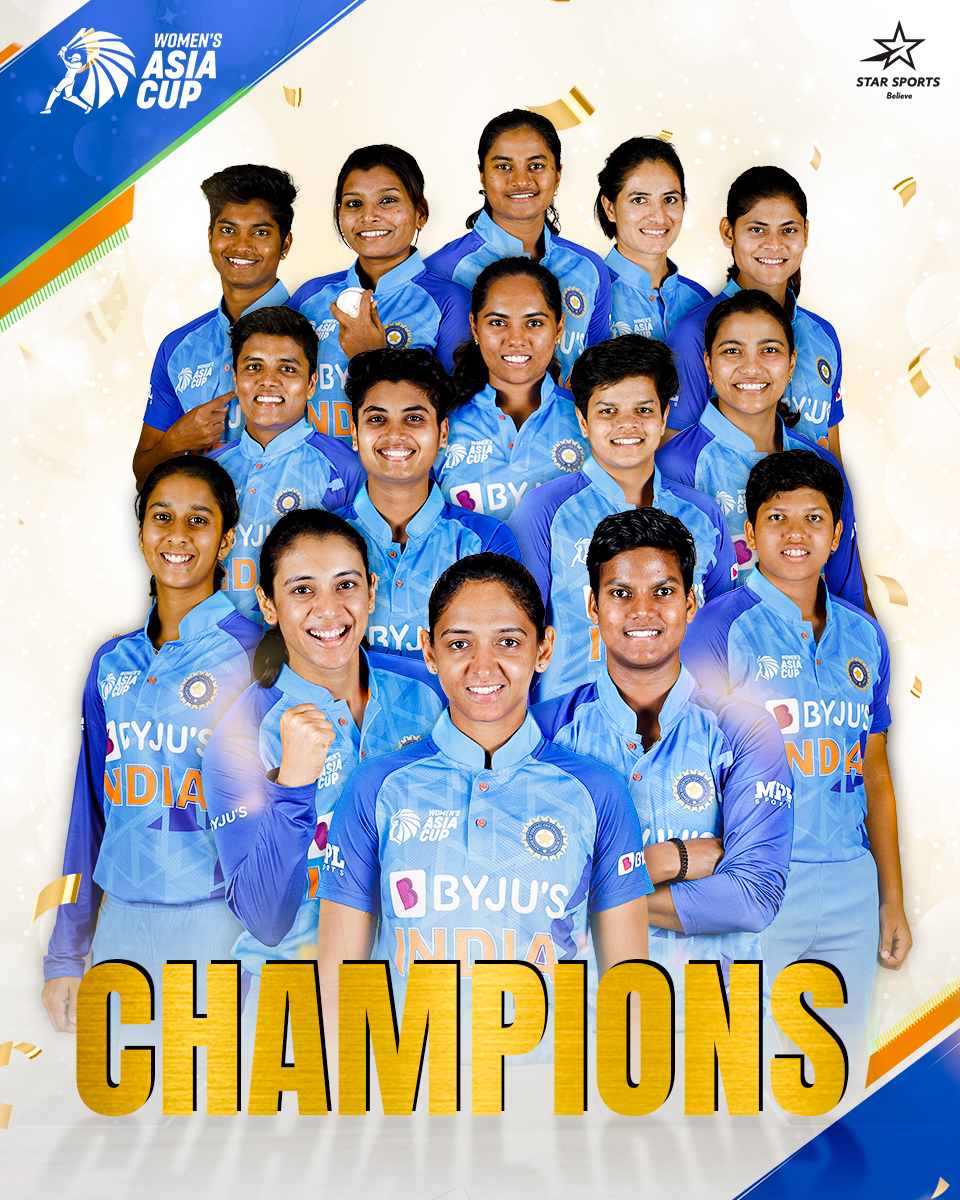 StarSportsIndia's tweet photo. Make way for the 𝐂𝐇𝐀𝐌𝐏𝐈𝐎𝐍𝐒! 🙌

Begin the 🥁 as 🇮🇳 clinch the #WomensAsiaCup 2022 🏆 by 8 wickets! 

#BelieveInBlue #INDvSL #INDWvSLW https://t.co/jR2l9O76dW