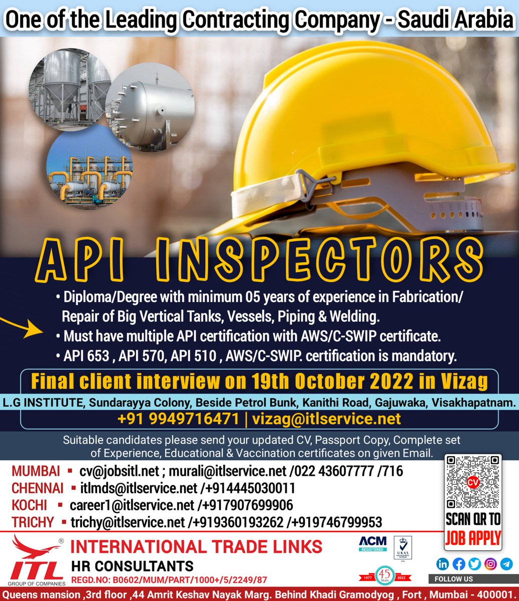 ItlJobs's tweet photo. JOB VACANCY FOR #saudiarabia
CLICK ON LINK TO APPLY JOB > https://t.co/t4H7Iy9eMZ
Learn more :
https://t.co/L5a1jRLuOk
#apiinspector #inspector #inspetorjob #tanks #vessels #piping #weldinginspector #api #aws #swip #contracting #career #jobhunt #hr #work #staffing https://t.co/qFMyUHOrtM