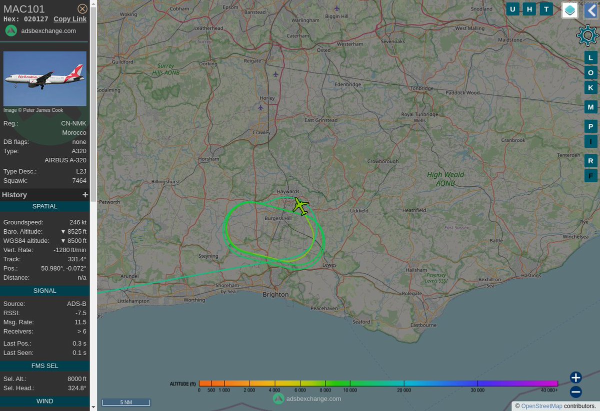 Radar_Assistant's tweet image. MULTI ADSBX MANOEUVRING ALERT : At time Sat Oct 15 10:50:55 2022 #MAC101   was likely to be manoeuvring at FL95 12nm from GY Gatwick_NDB_GB
 near Lanacre, Blackgate Lane, Henfield, Horsham, West S #AvGeek #ADSB globe.adsbexchange.com/?icao=020127&amp;amp;z…