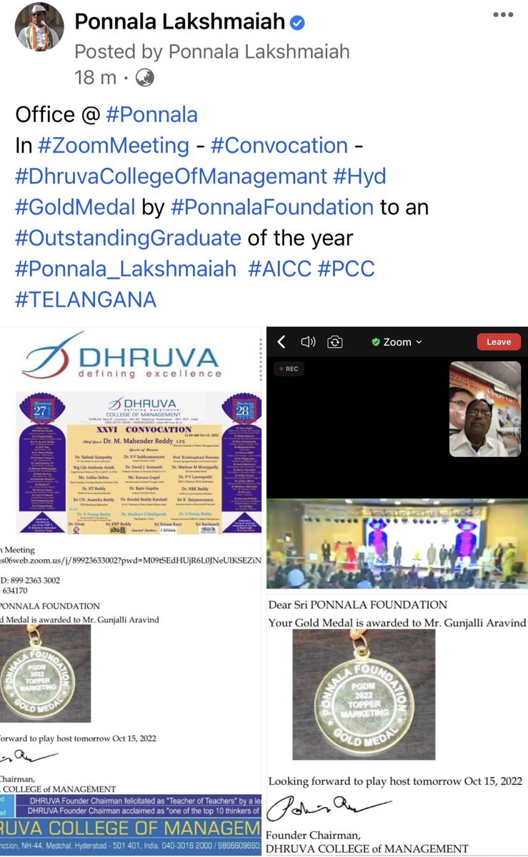 In #ZoomMeeting - #Convocation - #DhruvaCollegeOfManagemant #Hyd 
#GoldMedal by #PonnalaFoundation to an #OutstandingGraduate of the year 
#Ponnala_Lakshmaiah #AICC #PCC #TELANGANA ⁦@INCOverseas⁩ ⁦@digvijaya_28⁩ ⁦@Jairam_Ramesh⁩ ⁦@INCTelangana⁩