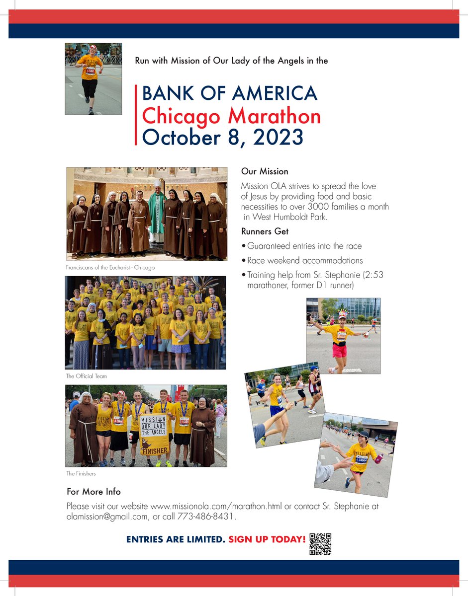 Missionola's tweet photo. Registration for a spot on Team OLA 2023 in the 2023 @ChiMarathon is OPEN!
Sign up/ info: https://t.co/vhmdQFRCOP

Why join? 
-Guaranteed entries 
-race weekend accomodations
-Sr. Stephanie (2:53 marathoner) will help you
-Prayer team praying for you + support for your prayer https://t.co/5LqifRhz1j