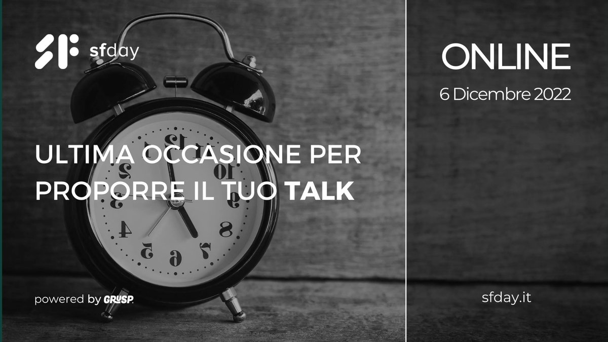 ⌛ Oggi è l'ultimo giorno per proporre il tuo talk per #sfday : buff.ly/3RkkXUR 

La #CFP chiuderà stanotte!

Ci vediamo 📍 Online il 📅 06.12.22
🎫 buff.ly/3L3ki84

<a href="/grusp/">GrUSP</a> #sfday #symfony #php