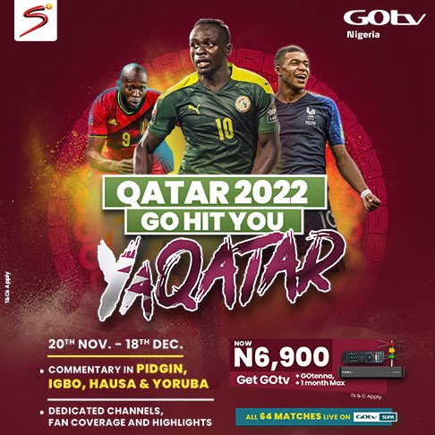 In 36 days, you can watch all 64 matches of the #FifaWorldCup2022 live on GOtv Supa.💃 We have got you covered with commentary in Pidgin, Yoruba, Igbo and Hausa.🇳🇬 Visit the nearest Multichoice branch to get your decoder and stay connected 👌 #YaQatar4GOtv