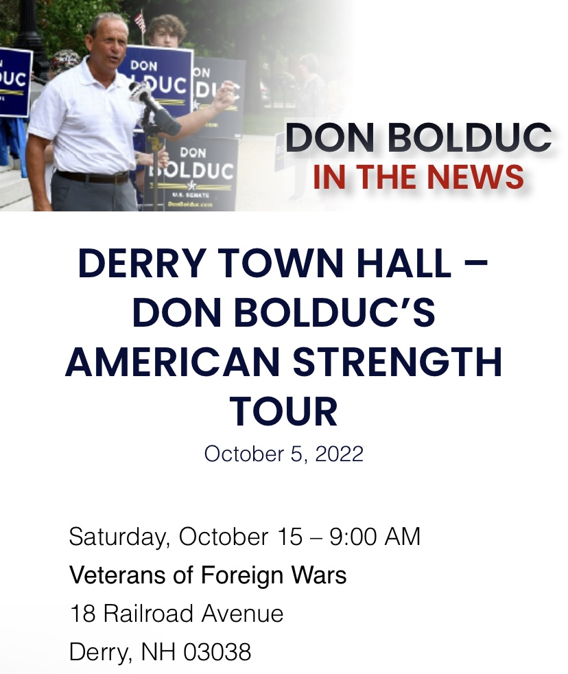 VetsCoalition's tweet photo. If you’re in the Derry #NH or surrounding area, Don Bolduc is holding a #TownHall: #American Strength Tour , ar the #VFW #Veterans of Foreign Wars facility. 🇺🇸 Get engaged and involved in the issues and how Bolduc is creating a better environment in #NH. https://t.co/Vm0YzDminz