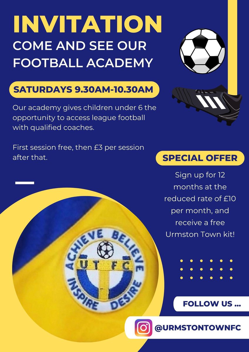 UrmstonTownFC's tweet photo. CALLING ALL 4 and 5 year olds.
Come and check out our Saturday Academy training. 1st session is free then only £3 per session or £10 a month if you sign up to go cardless which also includes a kit 😁⚽️ #utfc #urmstontownfc #urmstontown #grassrootsfootball #football #soccer #kids https://t.co/v84PkjMvyl