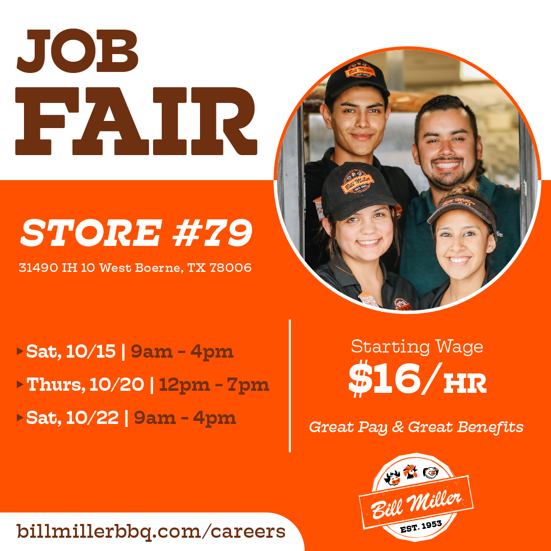BillMillerBarBQ's tweet photo. Do you know of anyone seeking a job with great pay and great benefits? Send them our way!๐ค ๐ค ๐ค
#Boerne #BTX #BBQ #Cashier #KitchenHelp #DailyPay https://t.co/dNjSt7MChT