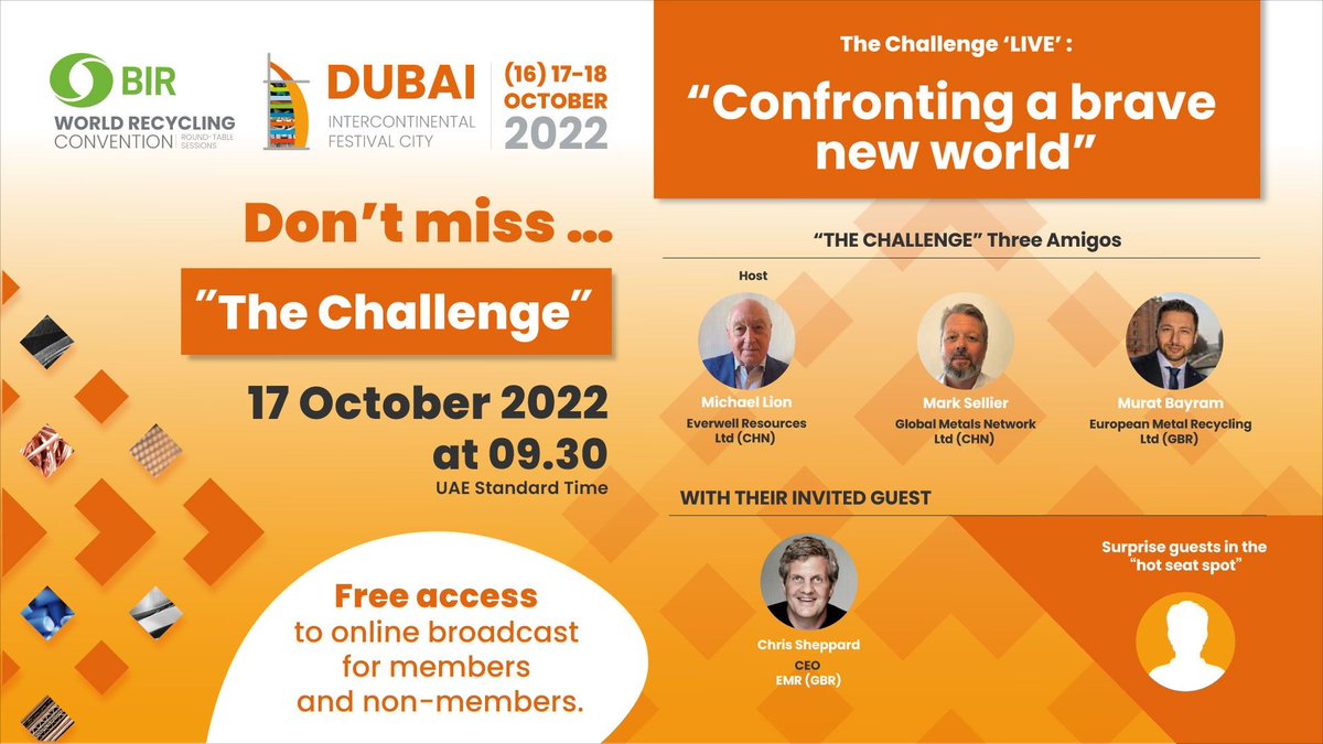 EMRGroupLimited's tweet photo. Our Chief Executive, Chris Sheppard and European Managing Director of Non-Ferrous, Murat Bayram will be joining the @BIRWorld "The Challenge" session on 17th October after the opening of the #BIRDubai2022. 

Register to watch the show online here: https://t.co/X3RrOVlHuU https://t.co/9ySxXPW8Af