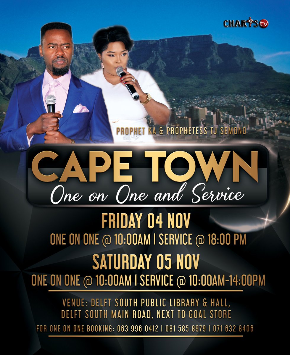 CmcCharis's tweet photo. CAPE TOWN ONE ON ONE &amp; SERVICE with Prophet KA &amp; Prophetess TJ Semono

An opportunity not to be missed! For your Healing, Deliverance, Prophecy &amp; Salvation. https://t.co/ik0S7BUAi1