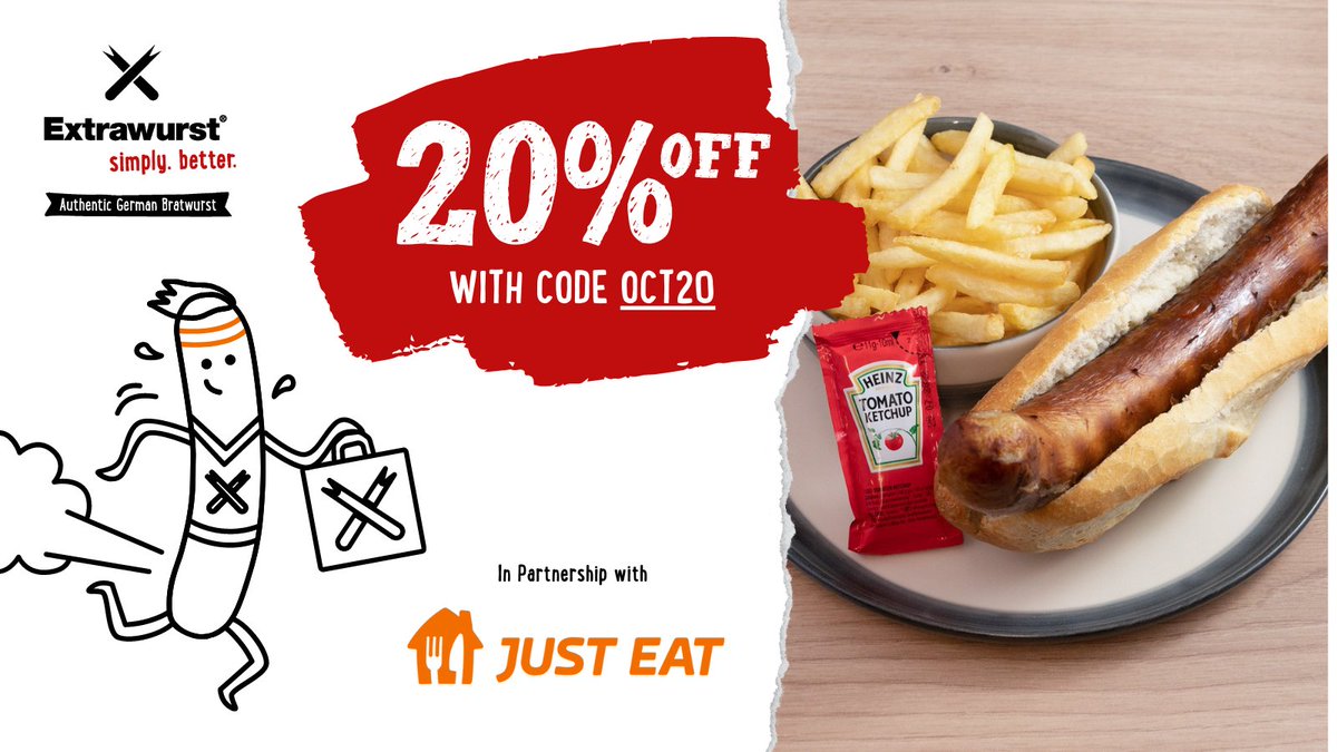 20% Off your Just Eat order this October

How it works:
1. Login to your Just Eat account
2. Choose something tasty
3. Select 'I have a discount' at the checkout
4. Insert code 'OCT20' and hit 'Apply'
5. Enjoy your meal!

#bratwurst #hotdog #delivery