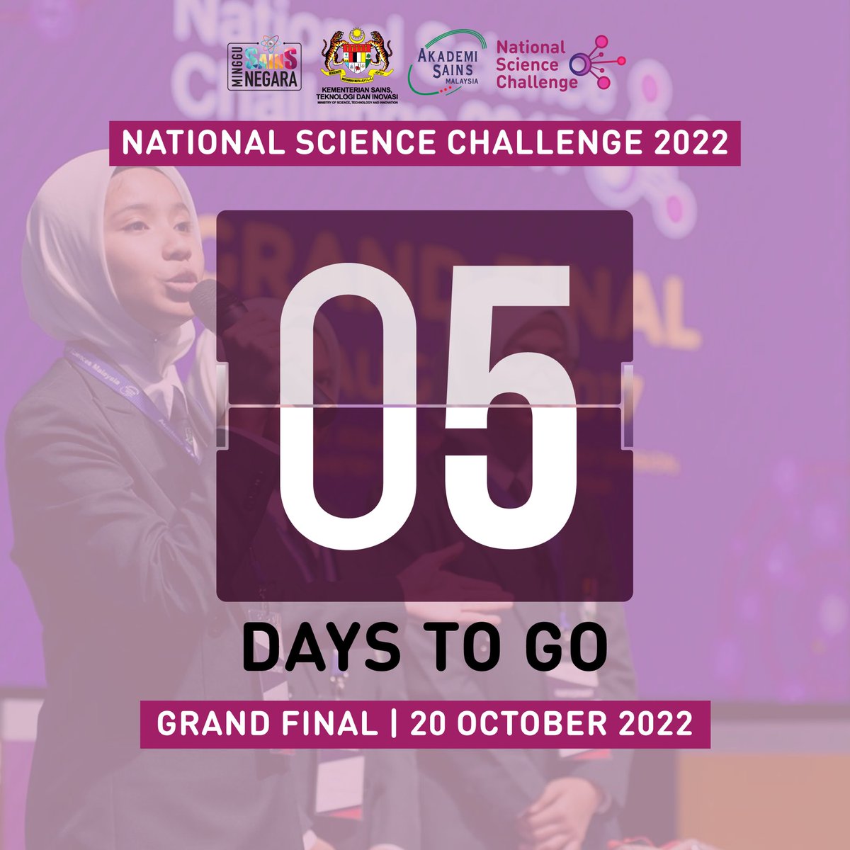 nsc_my's tweet photo. Tick tock! Now left 5 more days for the Grand Final of the NSC 2022. We are eager to see each school showing us their utmost best in the competition. 

#MSN22 #NSC22 #MerakyatkanSains #MenginsankanTeknologi #STEM https://t.co/pJXHX3uiU7