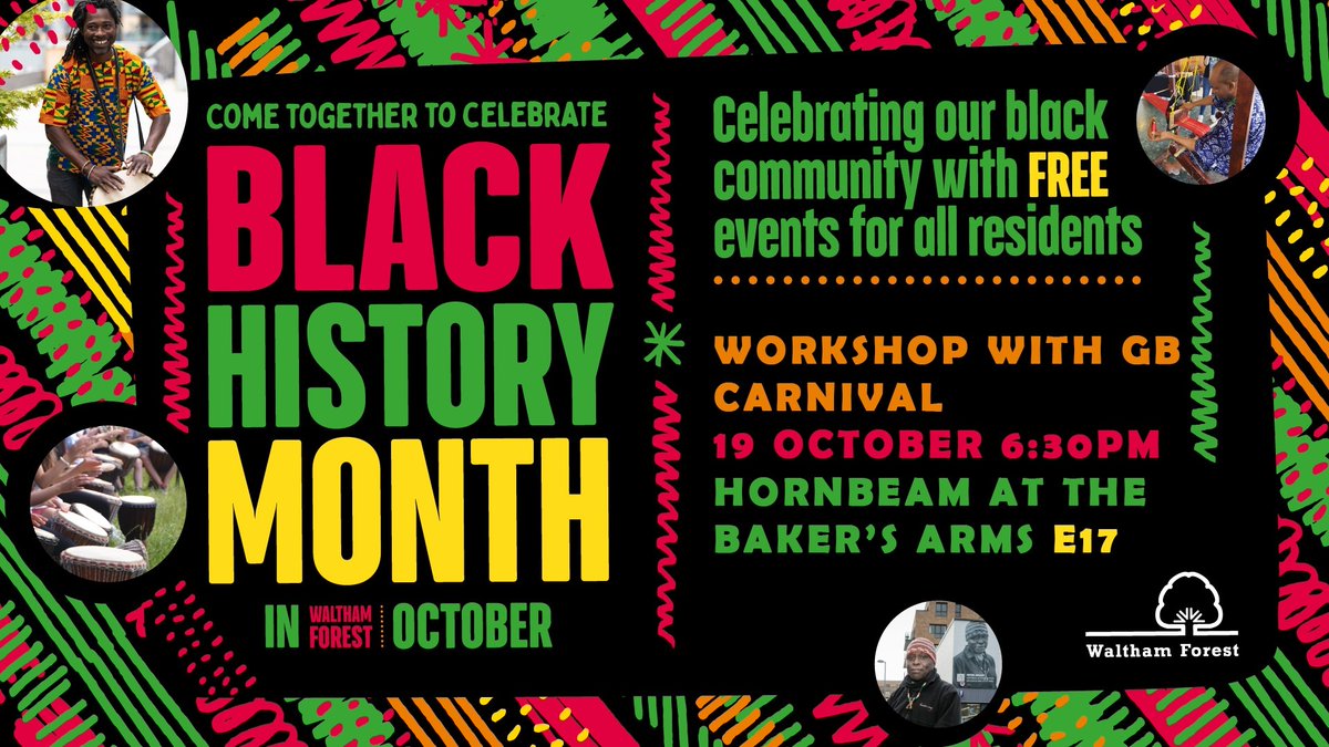 These @GBCarnival workshops will give participants the chance to create carnival headpieces & accessories. The 1st session is at Baker's Arms, E10 from 6:30pm on Wednesday 19 October 👉 orlo.uk/A5XnS See full #BlackHistoryMonth programme 👉 orlo.uk/Ps9Gp
