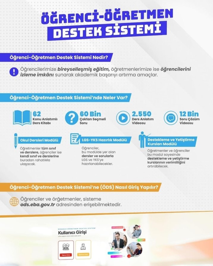 Öğrenci- Öğretmen Destek Sistemi açıldı. Büyük emek verilmiş, bütün paydaşlarımıza faydalı olmasını diliyoruz.