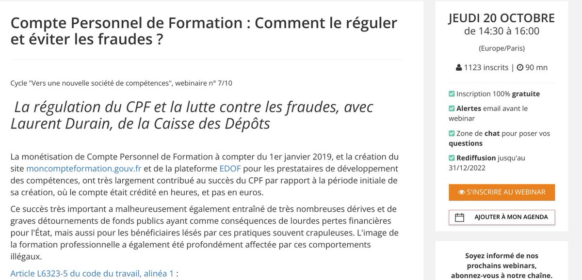 JEUDI 20 OCT, Webinaire gratuit sur la lutte contre les fraudes au #CPF, avec la participation de Mr Durain de la CDC inscription ici : webikeo.fr/webinar/compte…