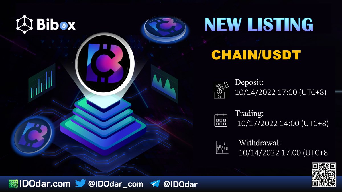 IDOdar_com's tweet photo. 🔥NEW LISTING !!!
🔥 Bitsz Chain(CHAIN) will be listed on Bibox
🗓️Deposit: 10/14/2022 17:00 (UTC+8)
🗓️ Trading: 10/17/2022 14:00 (UTC+8)
🗓️Withdrawal: 10/14/2022 17:00 (UTC+8
@Bibox365 @bitszchain #IDOdar #CHAIN https://t.co/YLhjB36ZHa
