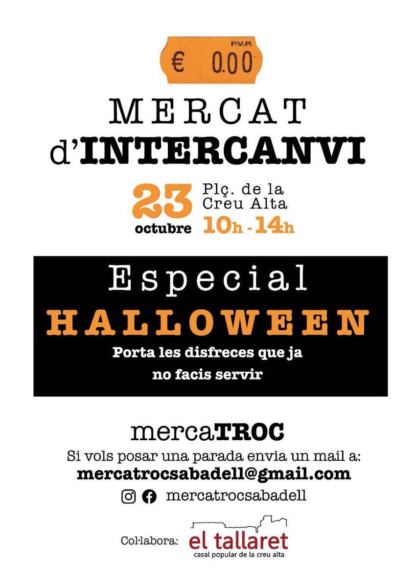 MERCATROC_SBD's tweet photo. Ja s'apropa el proper mercat d'intercanvi, reserva la teva taula si vols posar paradeta. T'esperem!
#Sabadell https://t.co/0Qt4nV3IDZ