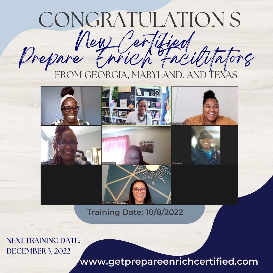 MySelahWellness's tweet photo. Congratulations to the Newly Certified Prepare/Enrich Facilitators from Georgia, Maryland, Texas and Virginia. It was truly a privilege to train each and every one of you. 
👩🏾‍💻Next training: Dec 3rd!
🎯 Visit https://t.co/30EGFTaJfX
#prepareenrich #couplescounselingtraining https://t.co/TNzPmP1NGU