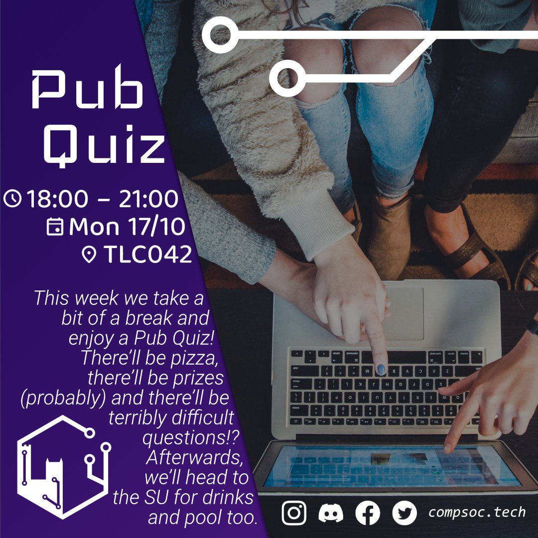 ducompsoc's tweet photo. This week we take a bit of a break and enjoy a #pubquiz! There’ll be pizza, there’ll be prizes (probably) and there’ll be terribly difficult questions!? Afterwards, we’ll head to the SU for drinks and pool too.
#computerscience #durhamuniversity #DurhamSU #CompSoc https://t.co/wNmz61WCNV