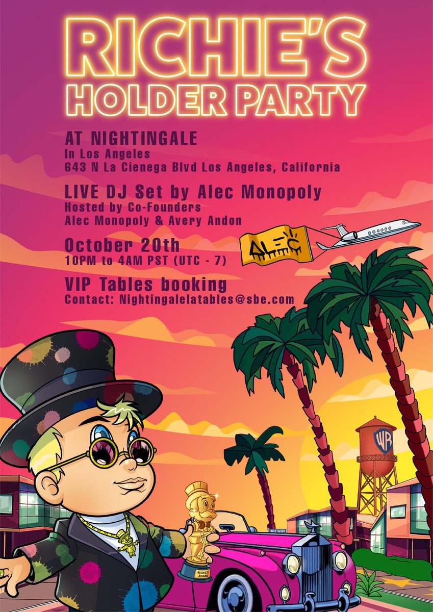 ragstorichienft's tweet photo. 🎉RICHIE'S HOLDERS PARTY 🎉

🗓 October 20th 2022
🕺 Nightingale Plaza, Los Angeles
📍643 N La Cienega Blvd Los Angeles, California

@alecmonopoly @averyandon 
#RagstoRichie https://t.co/4L065BEBNg