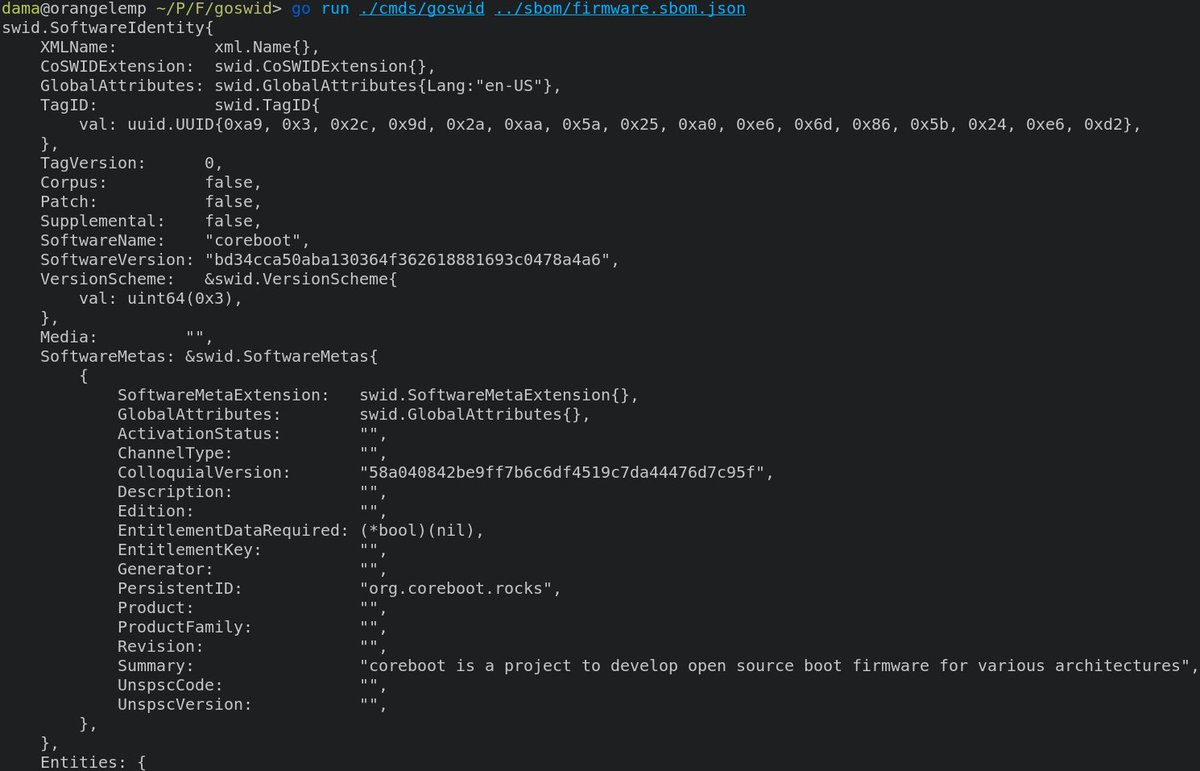 OrangeCMS's tweet photo. I'm drafting some #SBoM utilities now, starting with #SWID: https://t.co/FbE4ewTKhh
I can read back an export from @hughsient's python-uswid with https://t.co/7GufHr2HhM.
I'll write a portable library in @rustlang that parses #uswid embedded in a binary, e.g. for use in #Fiedka. https://t.co/HXcIMI5ilK