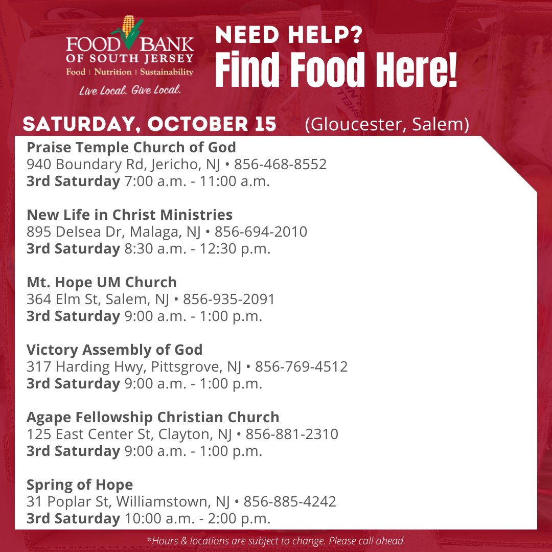 Need food assistance? Here are a few distributions taking place 𝗧𝗢𝗗𝗔𝗬, Wednesday, October 12. Find more locations & dates at foodbanksj.org/food. Hours & locations are subject to change. 𝗣𝗹𝗲𝗮𝘀𝗲 𝗰𝗮𝗹𝗹 𝗮𝗵𝗲𝗮𝗱. #bettertogether #food #feedSJ #findfood #foodbank