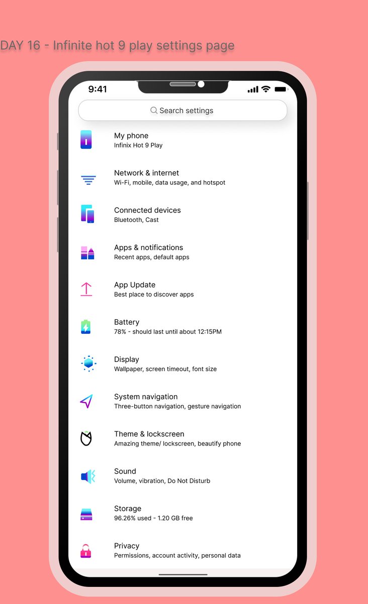 SandraTechy_'s tweet photo. Day 15 of @hertechtrail UI/UX design challenge. task -design a phone settings page. here's my design of @Infinixhot9play 
@claire_uxdesign @AlexChibueyim @tech_bella 

#uidesigner #uxdesigner #uiuxdesigns #womenintech #20daysdesignchallenge #AsuuStrikeUpdate #AMAs #NnamdiKanu https://t.co/KoVsKEQFie