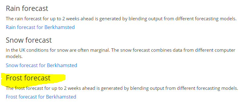 The 16 day forecasts now link to a new "Frost forecast" feature which gives a % chance of air frost for the chosen location for the next 14 days. It uses ensemble and deterministic model data theweatheroutlook.com/forecast/uk/lo…