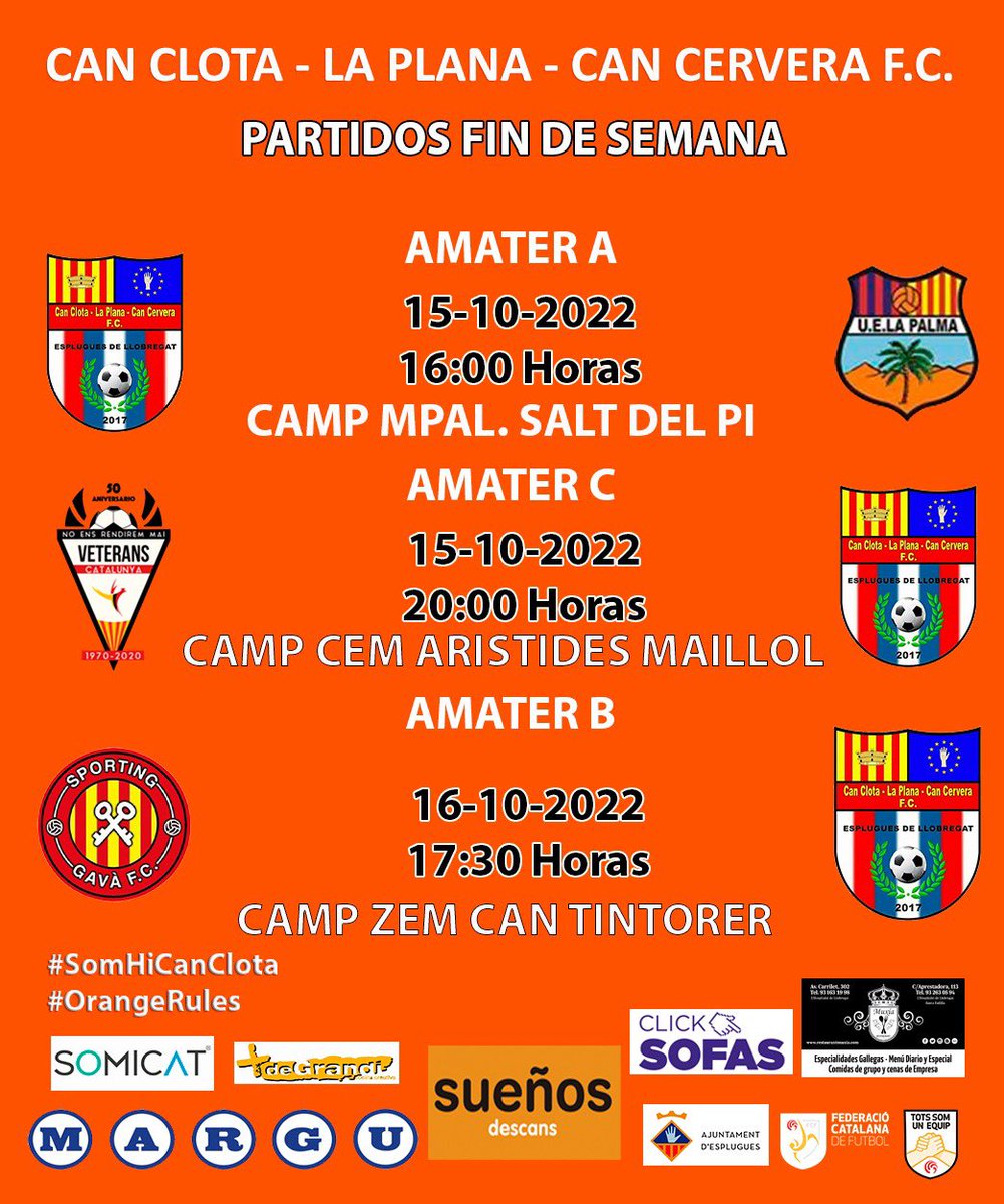 canclotacf's tweet photo. ⚽️PARTITS⚽️

🆚@UELAPALMA 
🆚 @Veterans_Cat 
🆚 @FCSportingGava 

#SomHiCanclota #OrangeRules🟠
@CentroSuenos @muxiarestaurant @RestaurantMargu @somicat_rest #ClickSofas #MesDeGrandi
@EspluguesEnJoc1 @espluguesesport @FutbolCatala2 https://t.co/5IedcpYIrW