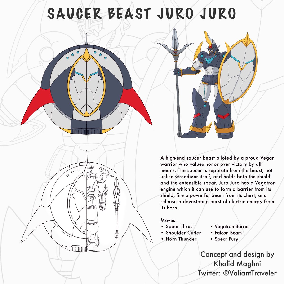 ValiantTraveler's tweet photo. My submission for the Project G design competition.

Meet Saucer Beast Juro Juro, a formidable foe excelling in both offense and defense and piloted by an honorable Vegan warrior.

@manga_prd
@NextGrendizer
#ProjectG
#Grendizer https://t.co/QyYzIYo7oV