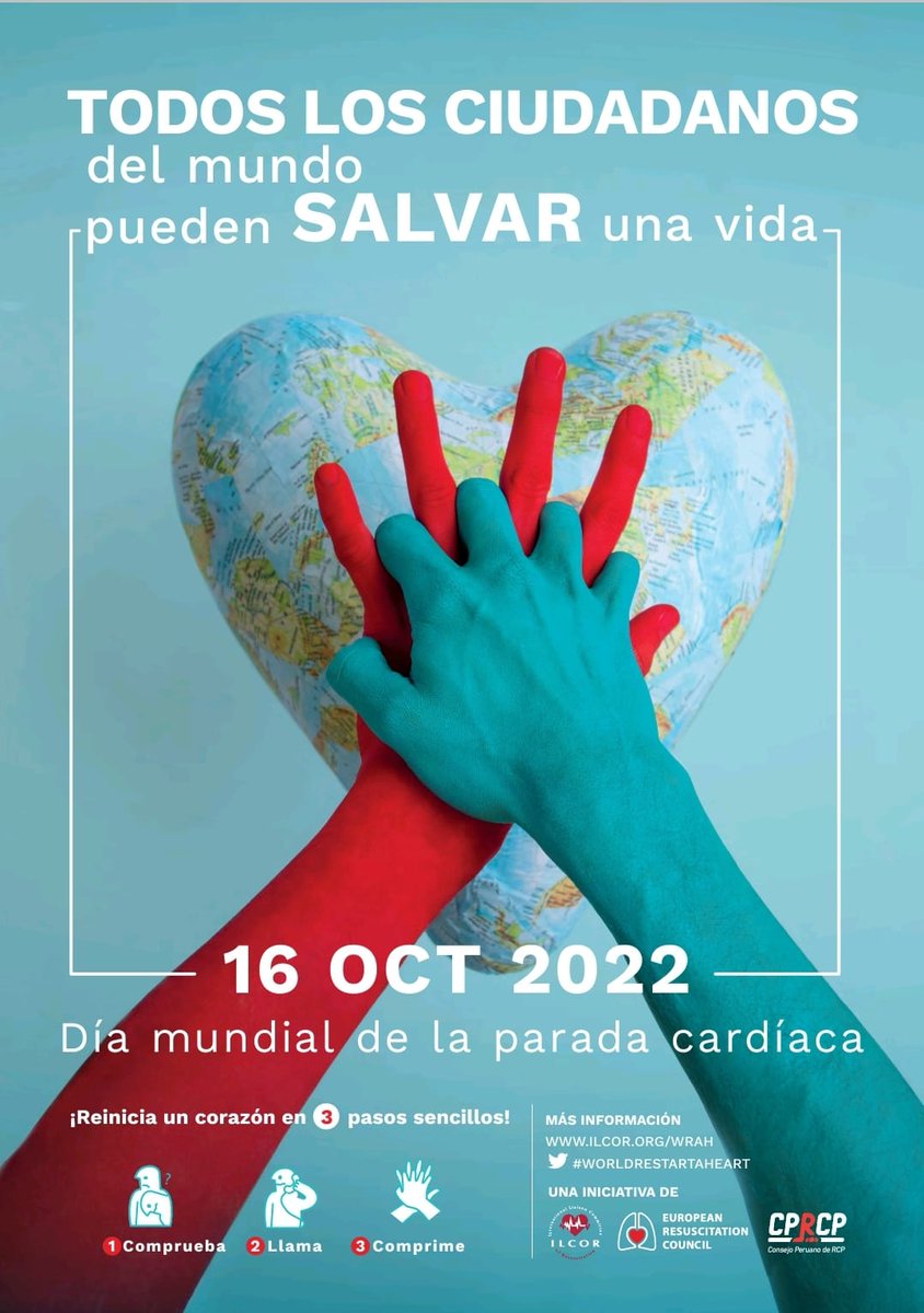 CPdeRCP's tweet photo. 16 oct 2022. Día Mundial de la parada cardiaca. #WorldRestartAHeart #CPRCP @CIEuroamericano  @Noesana @PlanNacionalRcp @ResusGer @AlbanianArc @IAHFnews @rcpEspana @ERC_resus https://t.co/AmN706KOcz