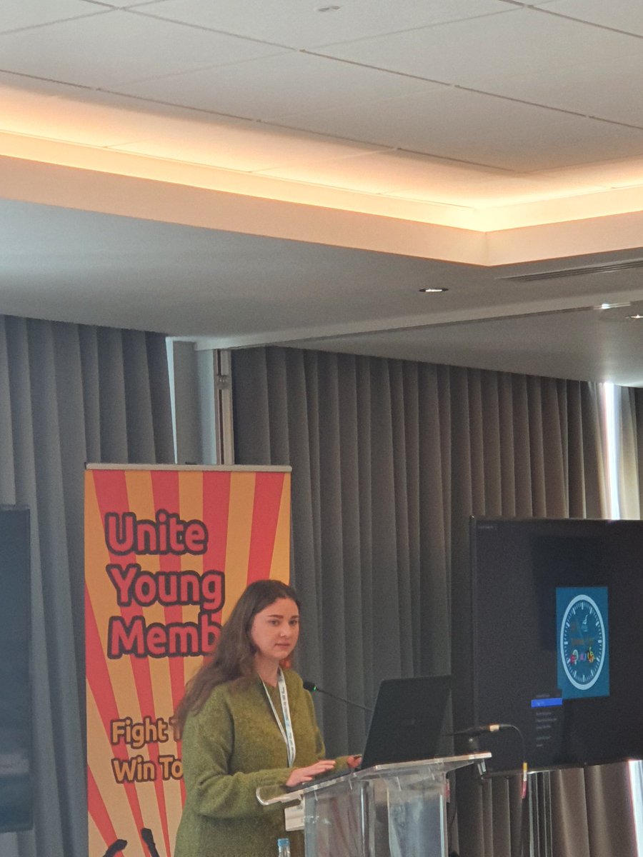 UniteYoungNW's tweet photo. The North West is on a roll and taking an active part in conference, contributing to the majority of motions so far, putting our members in the NW voices across!  @RobynHattersley seconding the motion on the Green Industrial Revolution! ✊🏼 https://t.co/FYQoqwcVMk