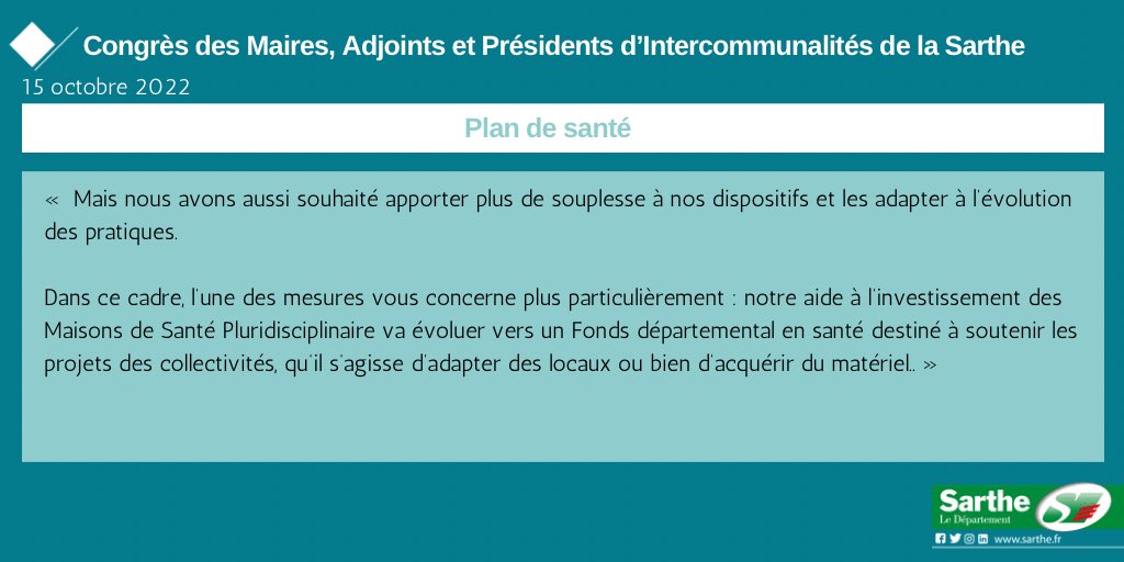 #CongrèsMairesMans Dominique Le Mèner, Président du Conseil départemental de la #Sarthe, annonce des mesures concernant la santé départementale. 
✅ Fonds départemental en santé pour soutenir les collectivités. 

Le Département demeure un partenaire essentiel des communes.