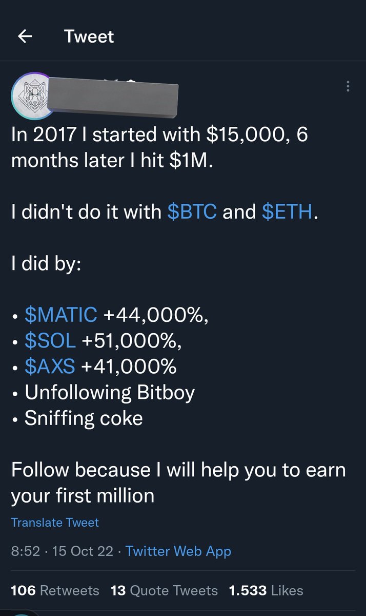 RNR_0's tweet photo. Except Matic, Solana &amp; AXS didn't exist in 2017

I'll also help you, but I'll try to help you learn more with me

However, I'm not selling million dollar dreams to kids

However nice Twitter growth hacking

Getting attention from the left side of the bell curve https://t.co/emX3XLH2C0