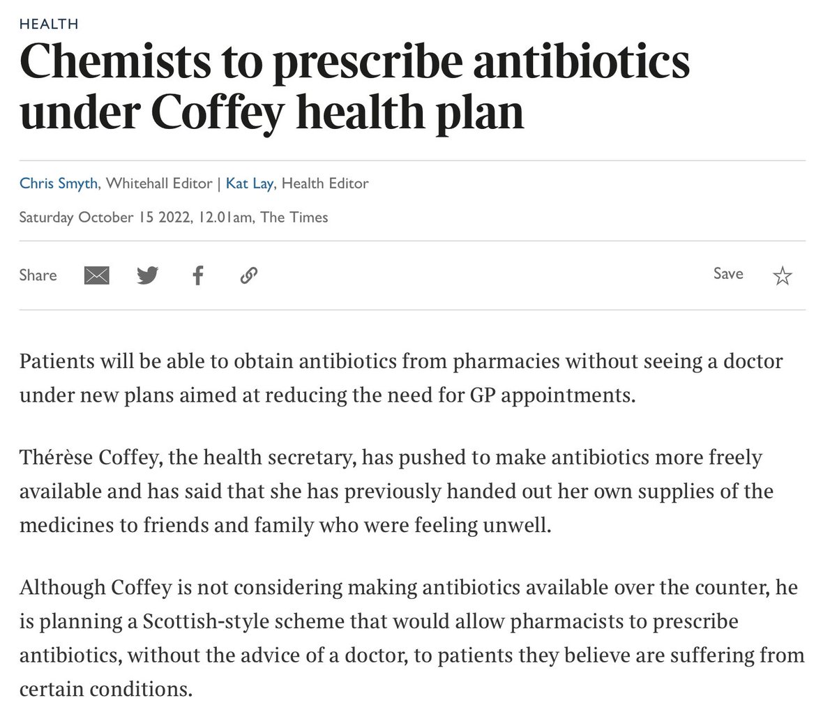 PLEASE Don’t follow the advice of The Secretary of State for Health and Social Care Rt Hon Theresa Coffey @theresecoffey Only use prescribed antibiotics Finish the course Don’t use left over antibiotics Never share with others (Share widely)