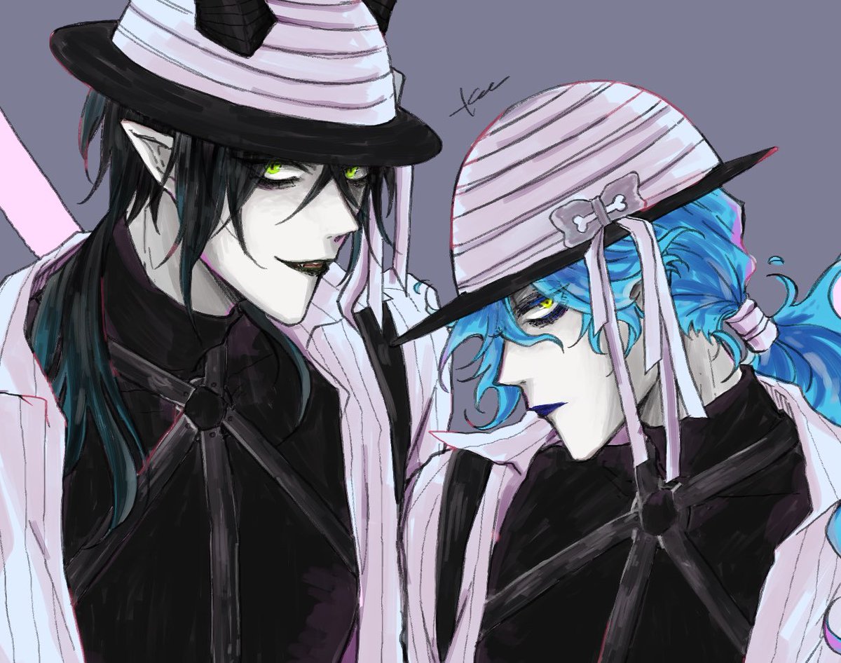 2boys multiple boys makeup blue hair male focus pointy ears hat  illustration images