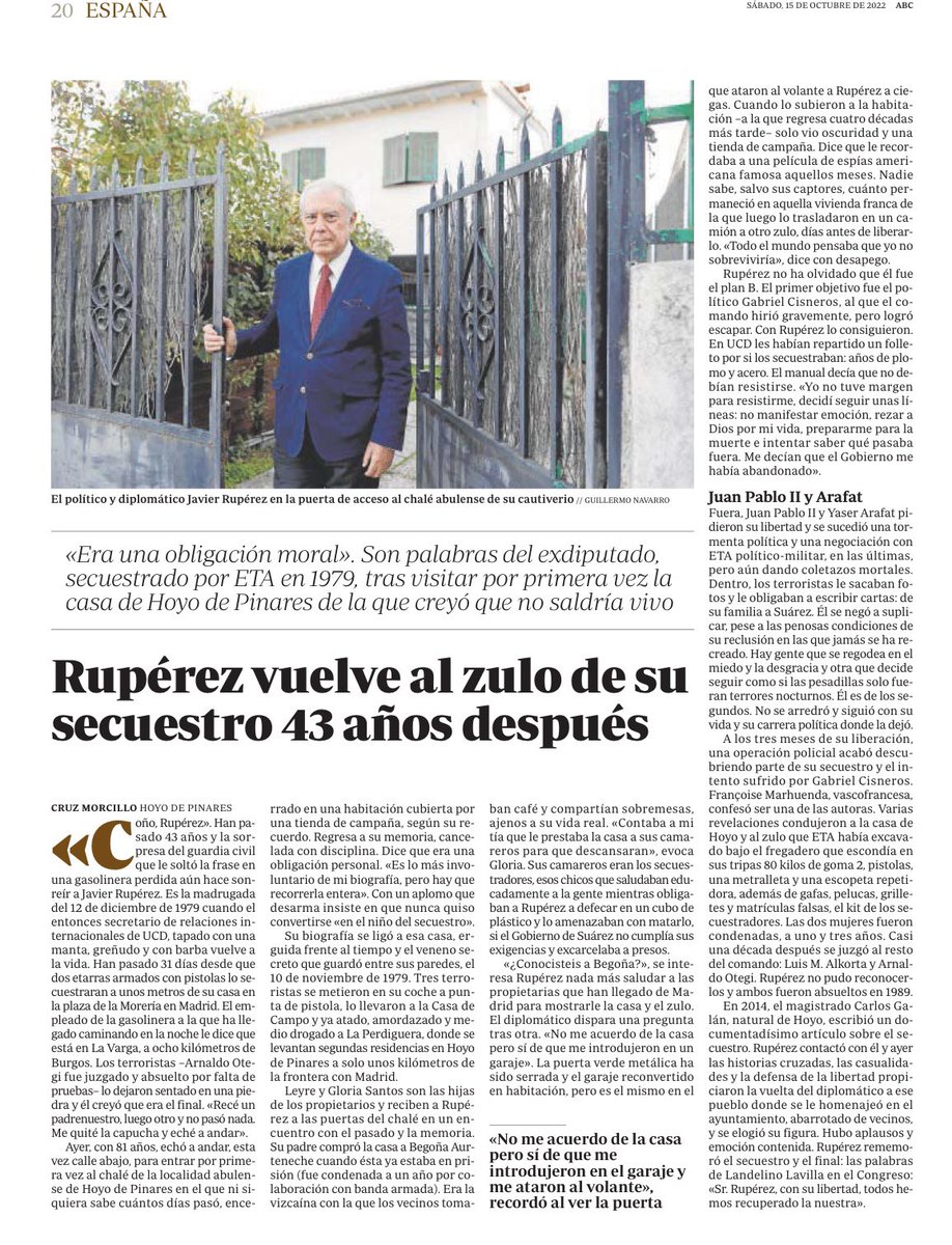 MemorialVT's tweet photo. Javier Rupérez exdiputado @Congreso_Es y exsenador @Senadoesp con #aUCD #CoaliciónPopular y @populares, y Embajador de España, rememora su secuestro por ETA-pm en 1979 volviendo al zulo en el que permaneció cautivo durante 31 días. @cruzmorcillo hoy en @abc_es https://t.co/I2nO5lJdBY