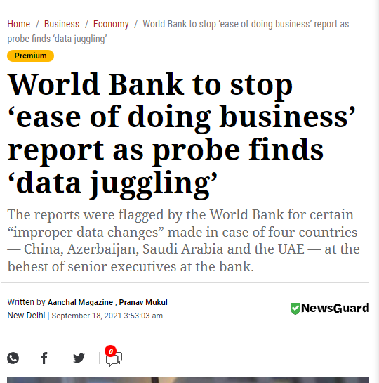 iyer_sk's tweet photo. 1. SEPT 18,2021: The World Bank stops 'ease of doing' report as probe finds data juggling.
2. OCT 10, 2022: "When I became Prime Minister (in 2014), India was ranked 142 (in the ease of doing business list). We worked hard for 5 to 6 years and we reached the 63rd position.": PM https://t.co/vawCzALEqp