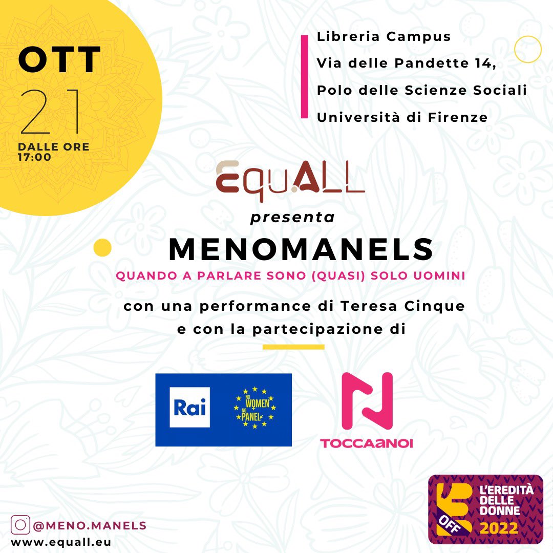 Costanza Hermanin 🇪🇺 (@costhermanin) on Twitter photo Conferenze, salottini, trasmissioni con soli uomini
Come evitare gli #allmalepanel? Esercizi e soluzioni da EquALL al festival <a href="/ereditadonne/">L'Eredità delle Donne</a> venerdì prossimo a #Firenze con Teresa Cinque <a href="/LauraSparavigna/">laura sparavigna</a> & @RaiperilSociale
Iscrizioni👇🏼
eventbrite.com/e/biglietti-me… Conferenze, salottini, trasmissioni con soli uomini
Come evitare gli #allmalepanel? Esercizi e soluzioni da EquALL al festival <a href="/ereditadonne/">L'Eredità delle Donne</a> venerdì prossimo a #Firenze con Teresa Cinque <a href="/LauraSparavigna/">laura sparavigna</a> & @RaiperilSociale
Iscrizioni👇🏼
eventbrite.com/e/biglietti-me…